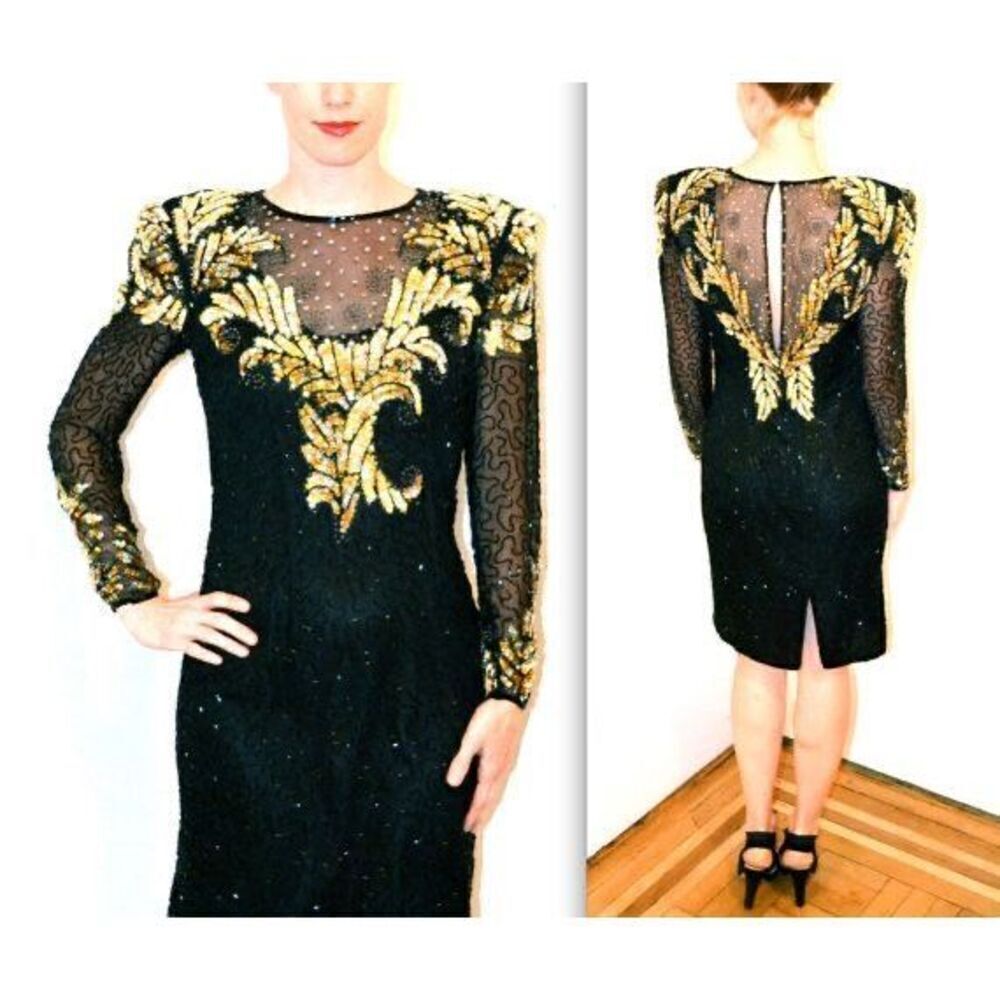 Vintage Jaqueline Ferrar 12 Sequin Beaded Sheath Dress Black Gold Party Cocktail